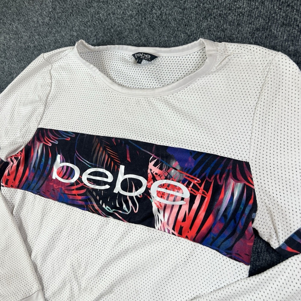 Y2K Bebe Sport Women's Mesh Long Slv Top L White Tropical Stripe Logo Shirt READ